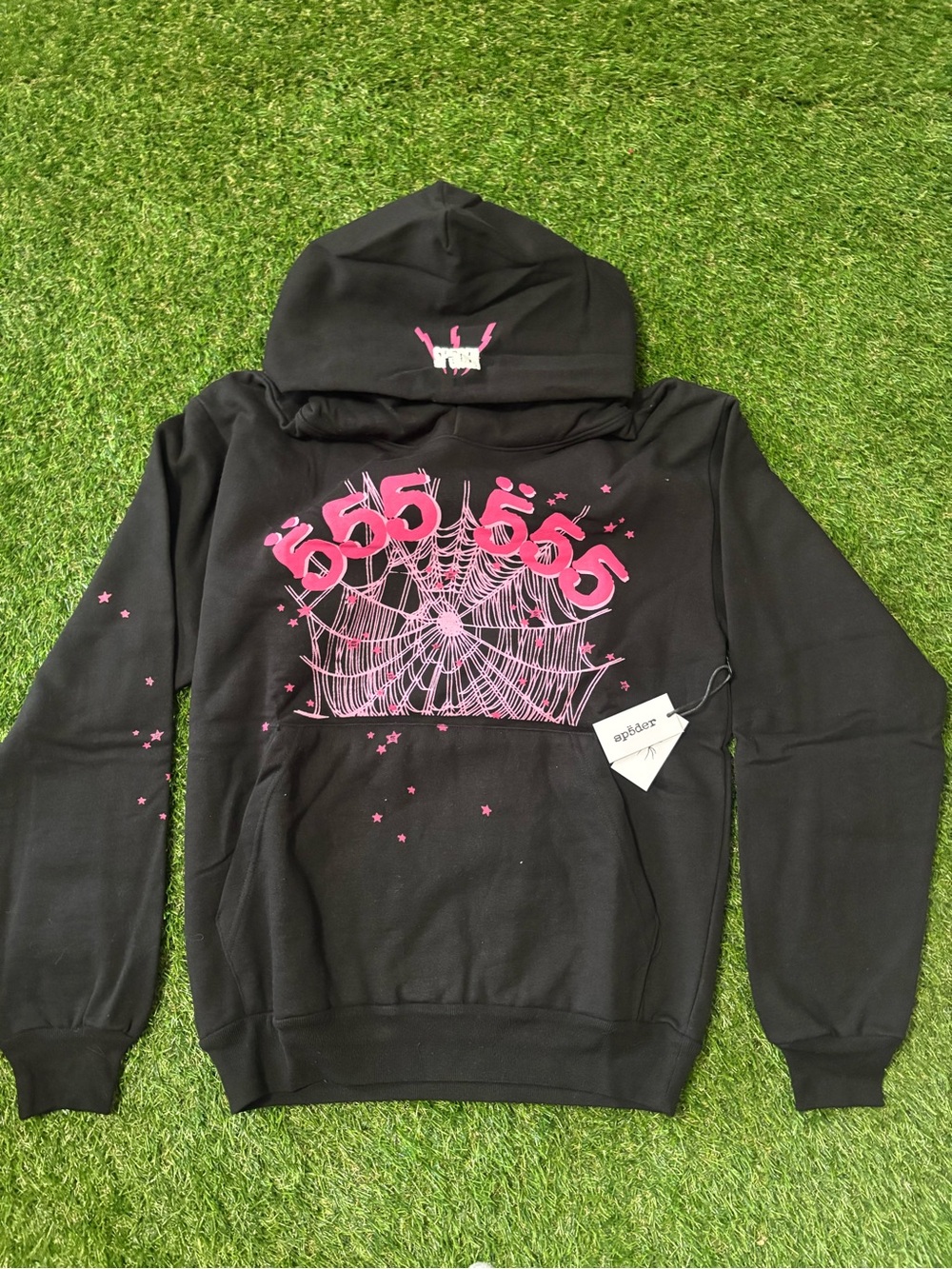 Black Hoodie Sweatshirt with Pink Spiderweb Graphic - Spiders